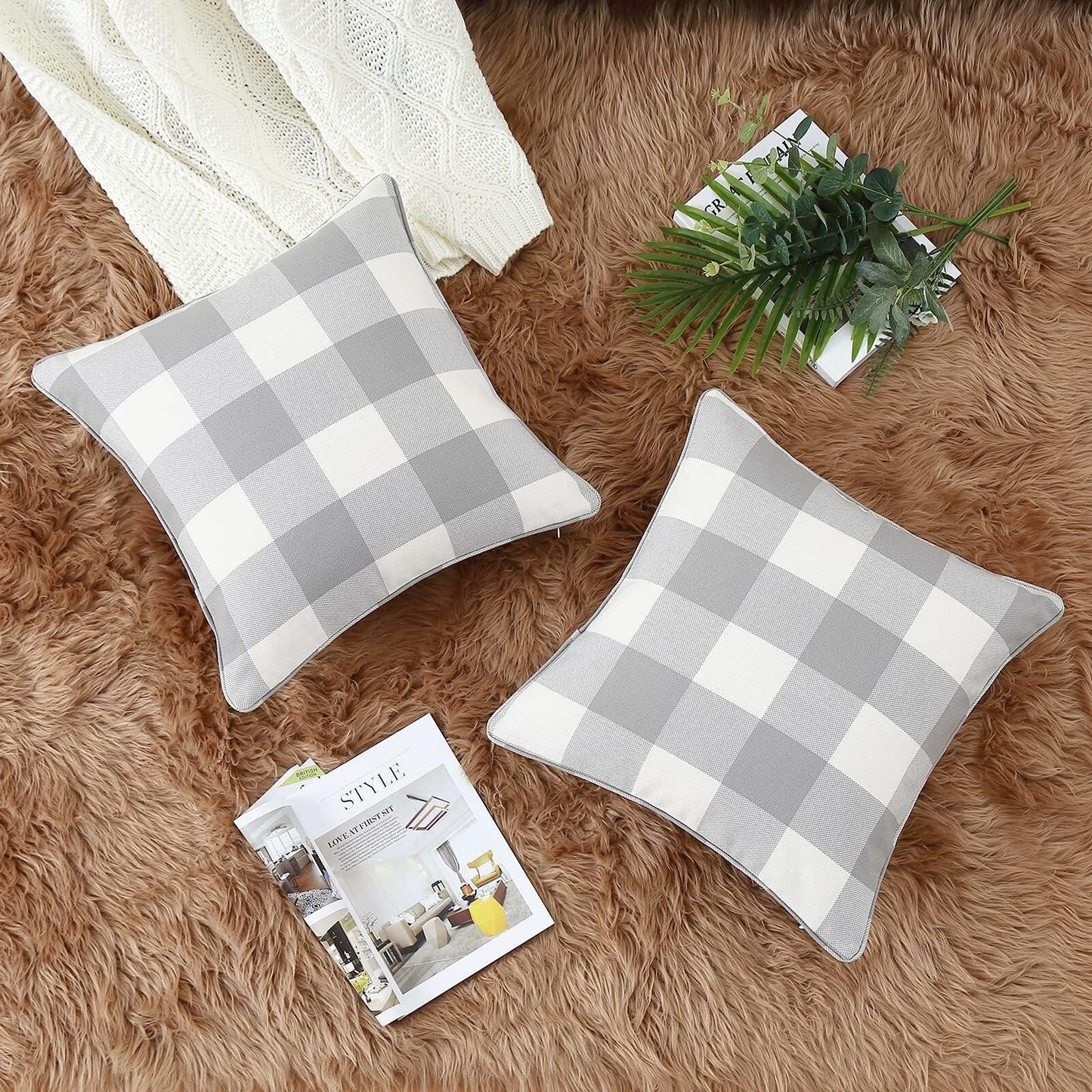 MingBo Farmhouse Set of 2 Throw Pillow Covers Grey and White Check, 18 x 18 Inch