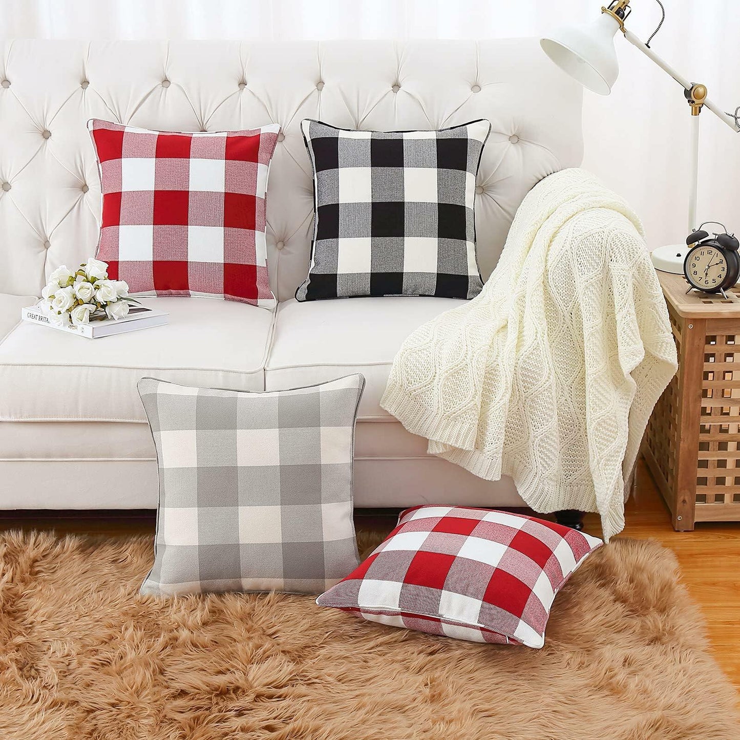 MingBo Farmhouse Set of 2 Throw Pillow Covers Grey and White Check, 18 x 18 Inch