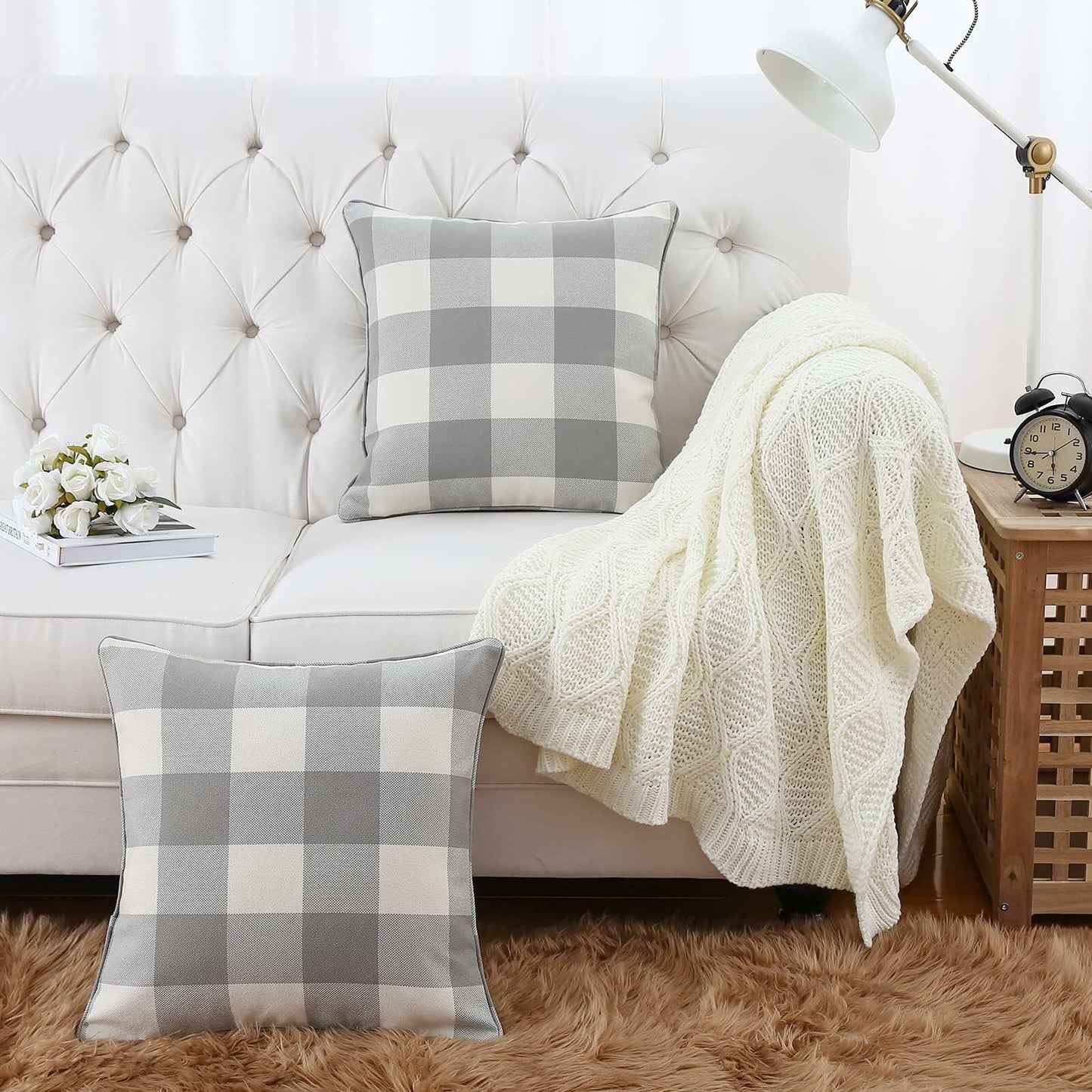 MingBo Farmhouse Set of 2 Throw Pillow Covers Grey and White Check, 18 x 18 Inch
