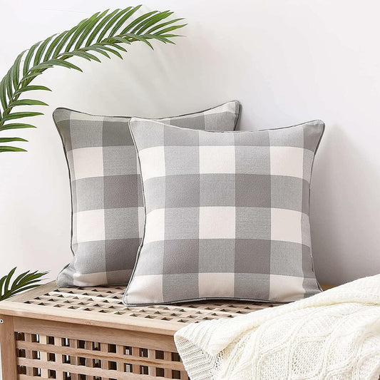 MingBo Farmhouse Set of 2 Throw Pillow Covers Grey and White Check, 18 x 18 Inch