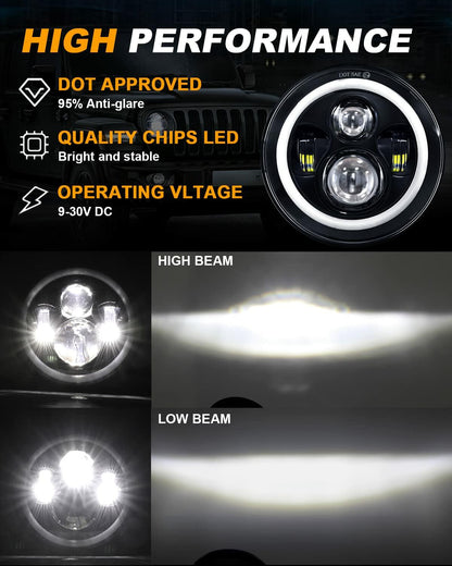 7 Inch LED Headlig Fits Wrangler JK TJ LJ CJ with H4 H13 Adapter, 2PCS