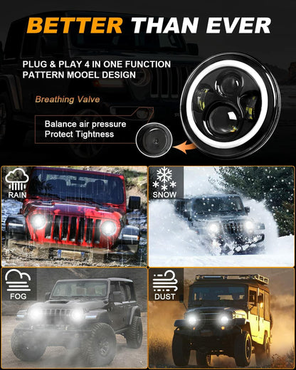 7 Inch LED Headlig Fits Wrangler JK TJ LJ CJ with H4 H13 Adapter, 2PCS