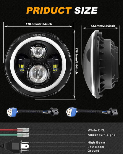 7 Inch LED Headlig Fits Wrangler JK TJ LJ CJ with H4 H13 Adapter, 2PCS