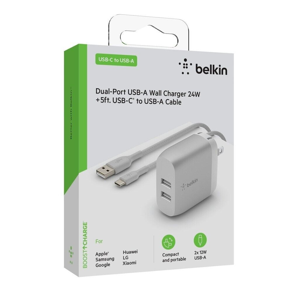 Belkin 24W Dual USB-A Wall Charger + USB A to USB-C Cable, 5-ft (F8J268-05-SLV)