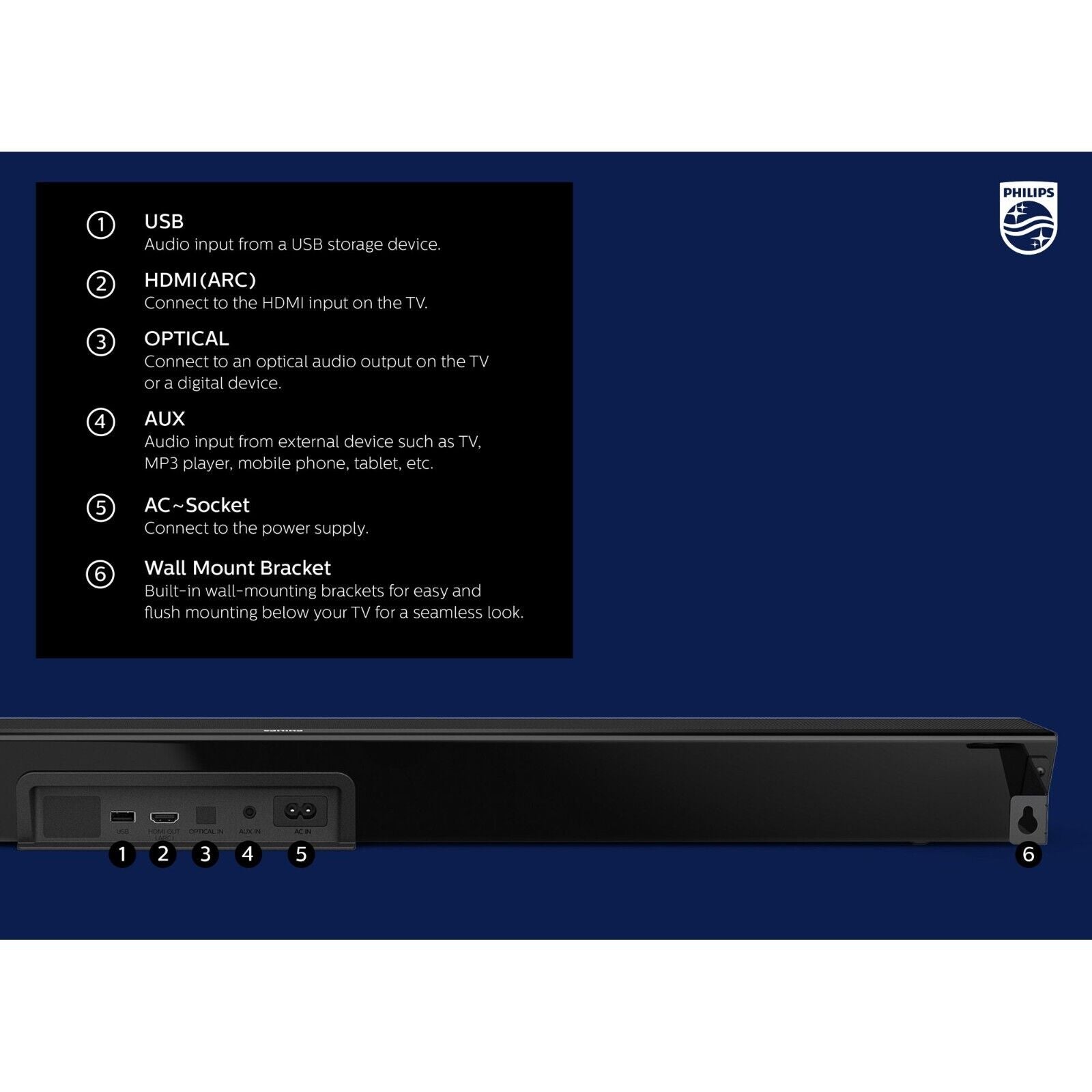 Philips TAB7305/37 2.1 Channel 300W Dolby Audio Soundbar Speaker B7305, Black