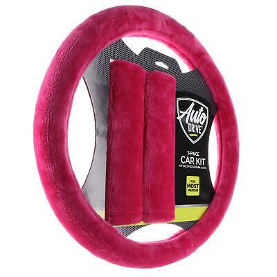 Auto Drive 3-Piece Car Kit Autodrive Wheel Cover and Seat Belt Comforter, Pink