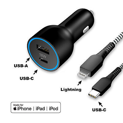 Onn Dual-Port Power Car Charging Kit, Lightning to USB-C Cable, MFI Certified