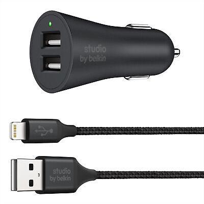 Belkin Studio Dual Car Charger + 5' iPhone Lightning to USB Cable, MFI Certified