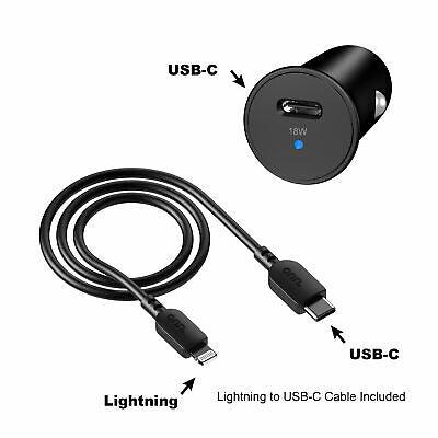 Onn Car Charging Kit with Lightning to USB-C Cable, Black (MFI Certified)