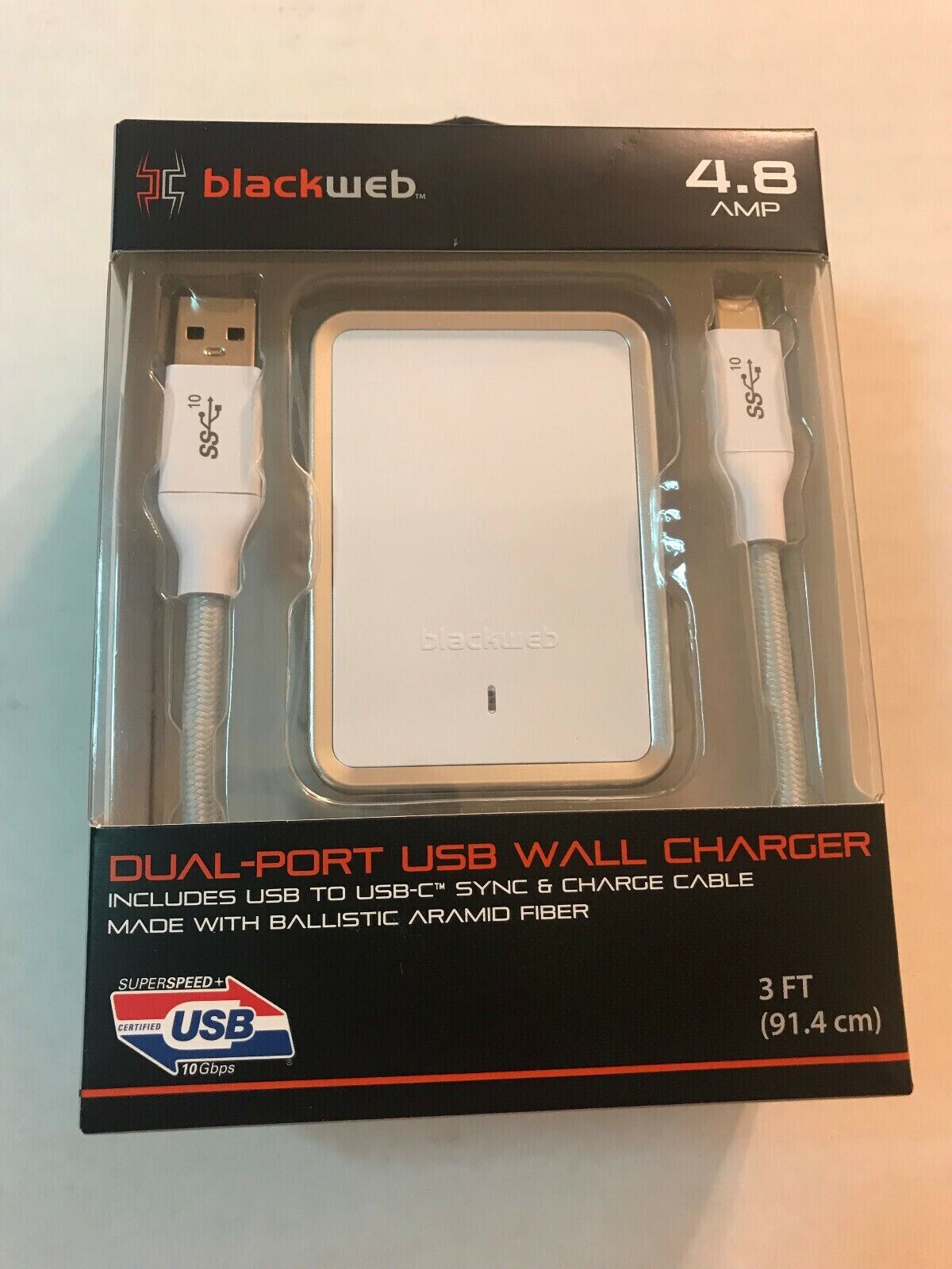 BlackWeb Dual-Port USB Wall Charger 4.8 Amp 3' USB to USB-C Sync & Charge Cable