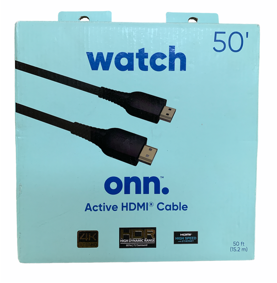 Onn Watch 50' ft Active HDMI Cable 4K Ultra HD HDR 7.2 Surround Sound Black