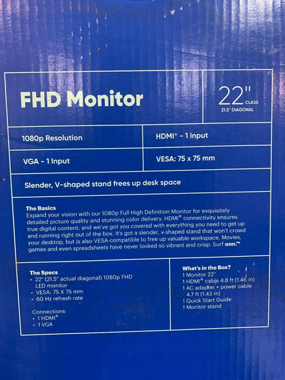 ONN 22" 1920x1080 FULL HD LED Slim Design Monitor - HDMI/VGA 60hz 14ms - Raastadeals