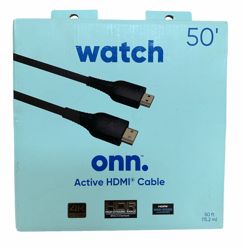 Onn Watch 50' ft Active HDMI Cable 4K Ultra HD HDR 7.2 Surround Sound Black