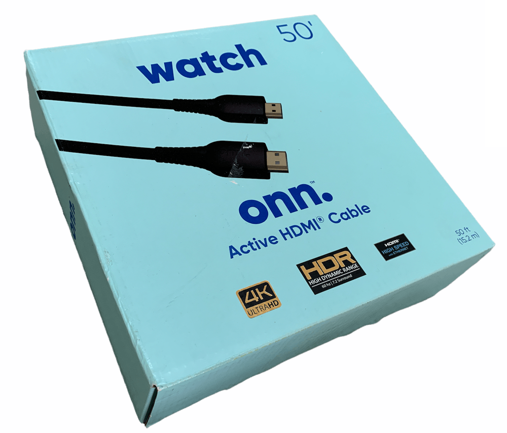 Onn Watch 50' ft Active HDMI Cable 4K Ultra HD HDR 7.2 Surround Sound Black