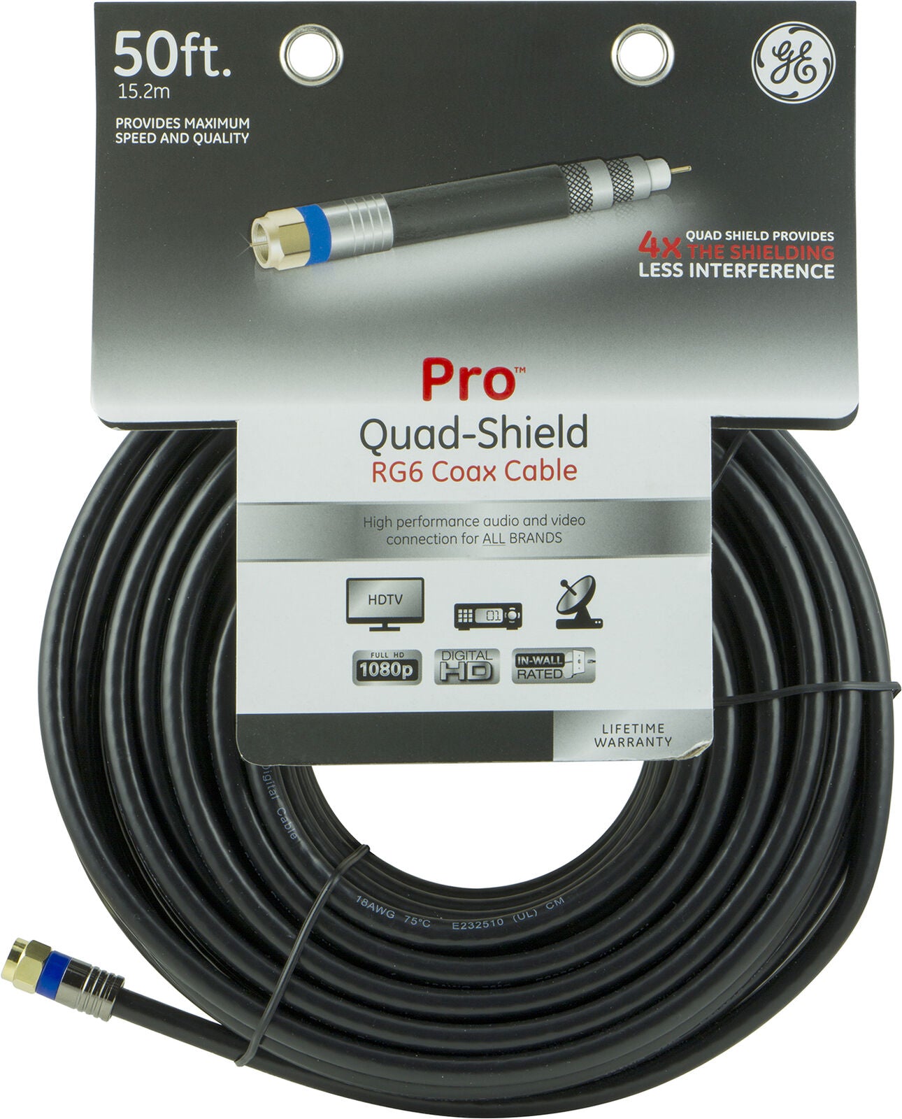 GE 33532 Pro Quad-Shield RG6 Coax Cable, 50ft - Black