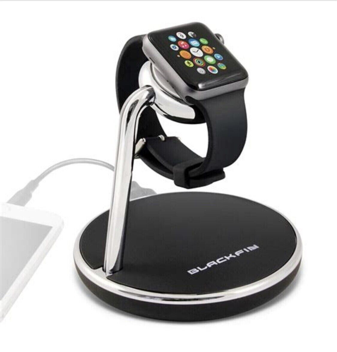 Black Fin Charging Stand For Apple Watch, w/ USB Port - Black/Sliver