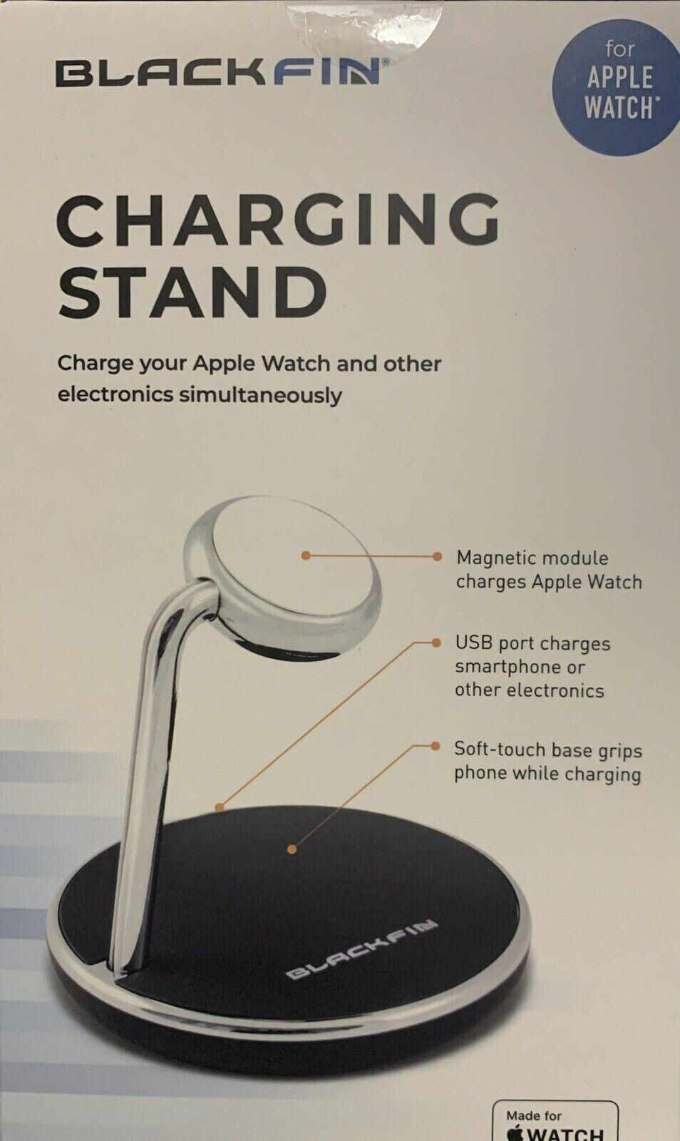 Black Fin Charging Stand For Apple Watch, w/ USB Port - Black/Sliver