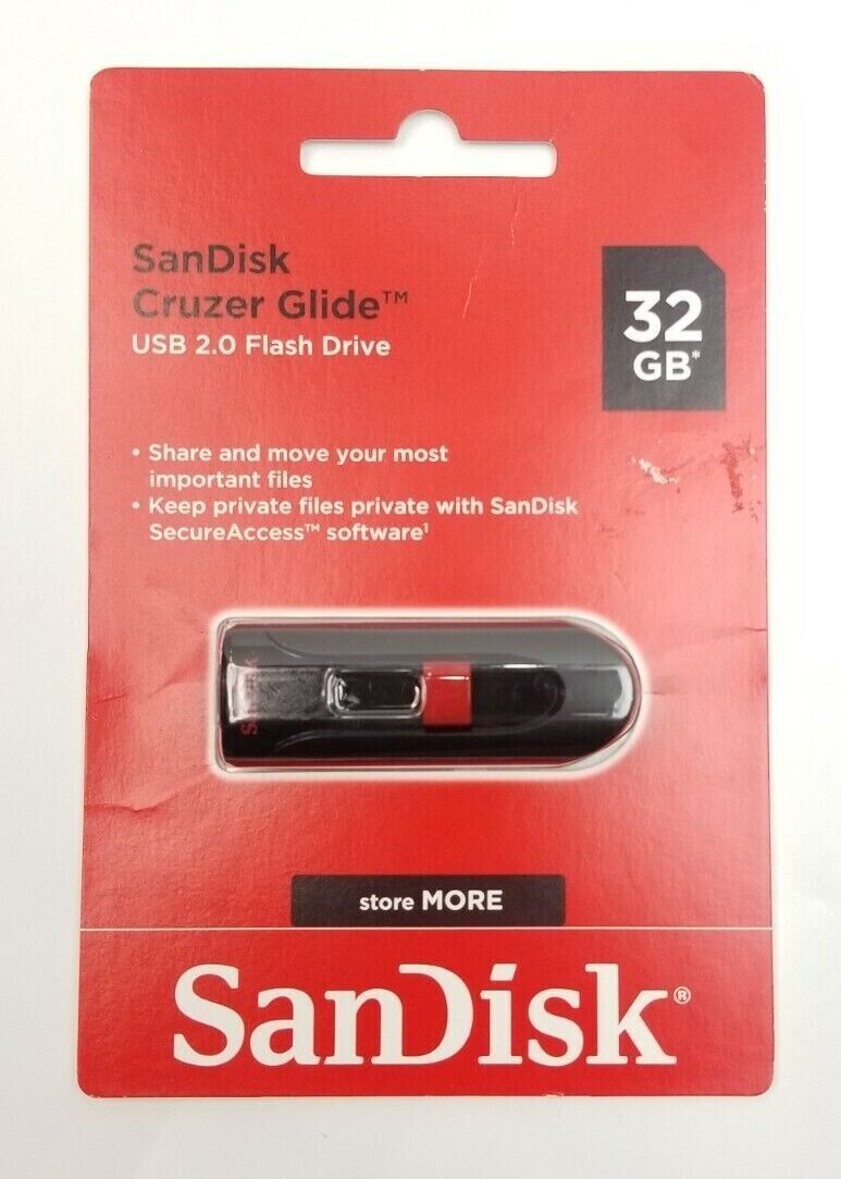 32GB Sandisk Cruzer Glide USB 2.0 Flash Drive Black/Red Sliding USB