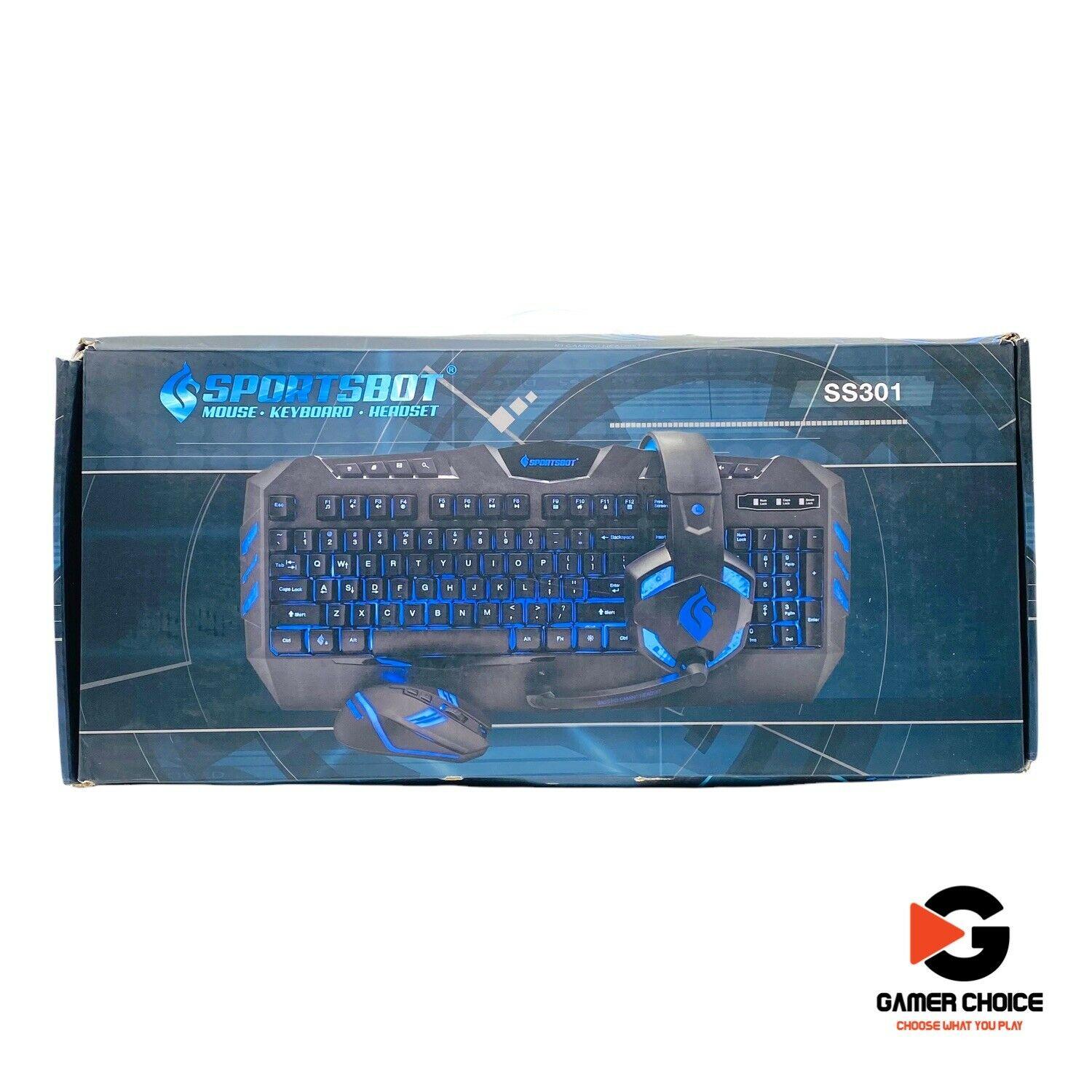 SportsBot Blue LED Gaming Over-Ear Headset, Keyboard & Mouse Combo Set