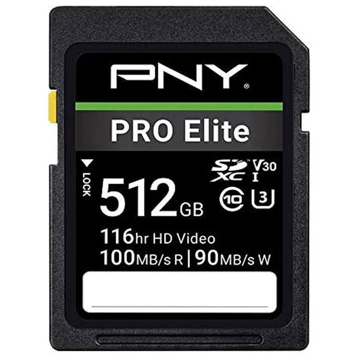 PNY 512GB PRO Elite Class 10 U3 V30 SDXC Flash Memory Card - 100MB/s