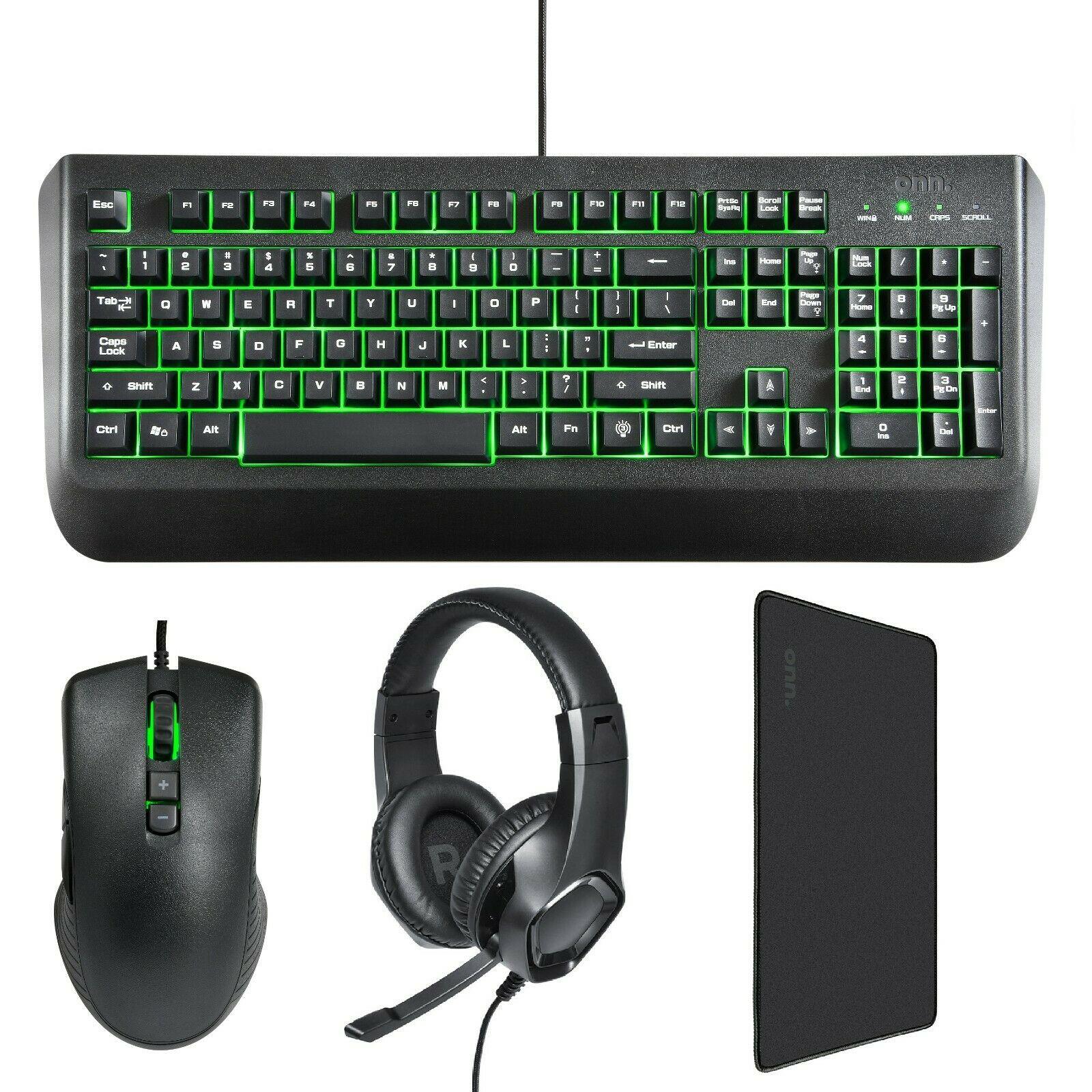 Onn Gaming Starter Kit, 4 Item Set - Wired Keyboard, Mouse, Headset, & Mouse Pad