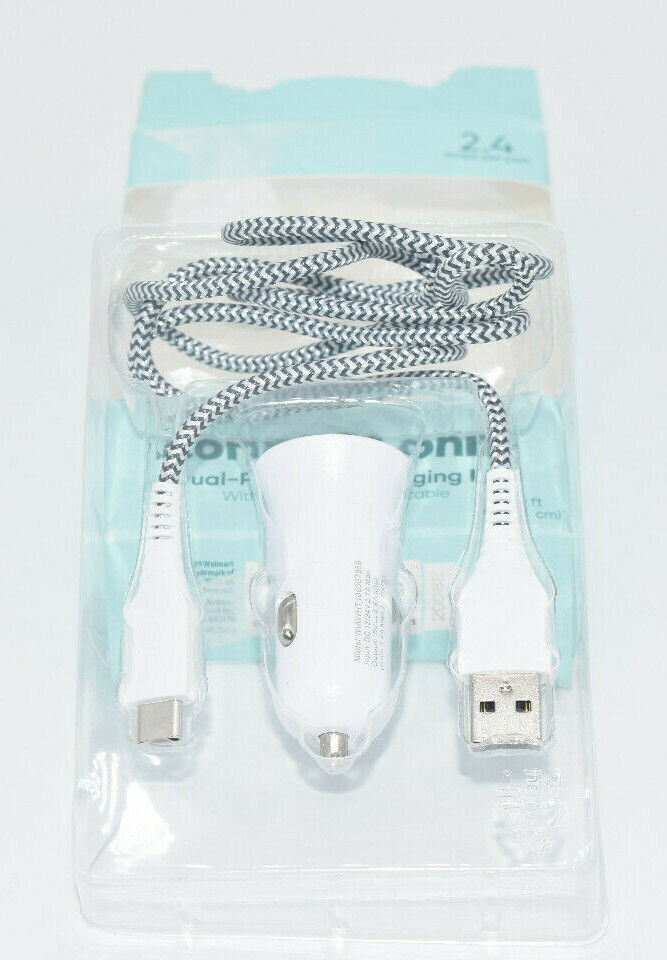 Onn WIAWHT100007959 Dual-Port Car Charging Kit USB-C To USB Cable, White