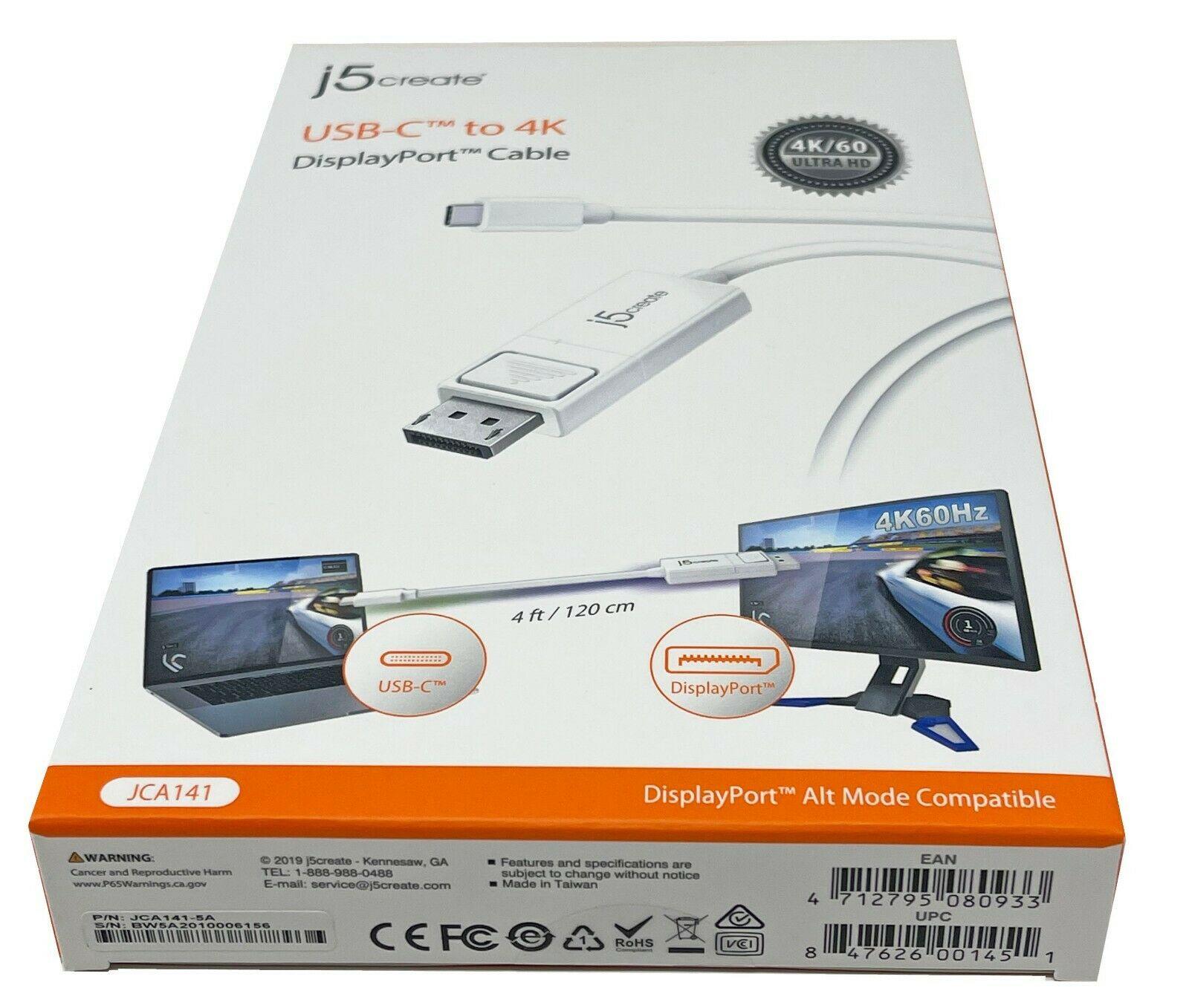 J5 Create JCA141 4' USB-C to 4K DisplayPort Cable, White